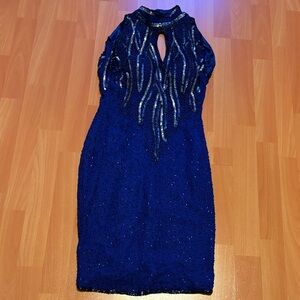 Beautiful beaded sequin blue Jakelin designs, medium silk dress from India